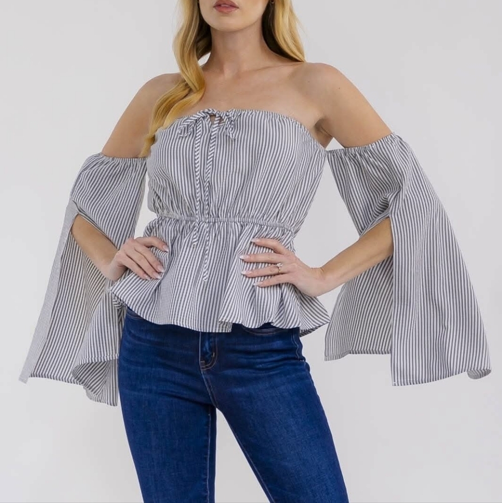 Savanah‎ Jane Off The Long Bell Sleeve Elastic Waist Striped Top Blouse